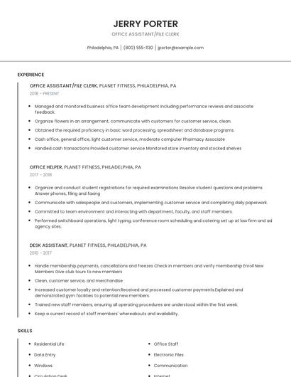 Office Assistant/File Clerk Resume