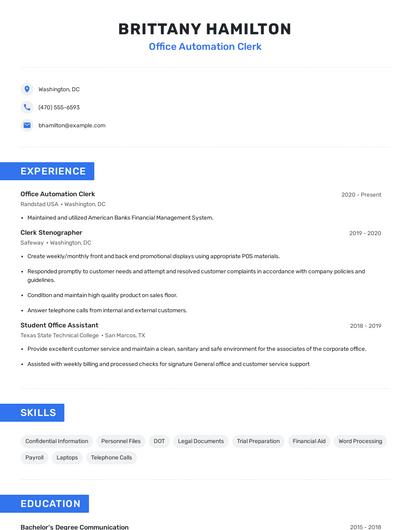 Office Automation Clerk Resume
