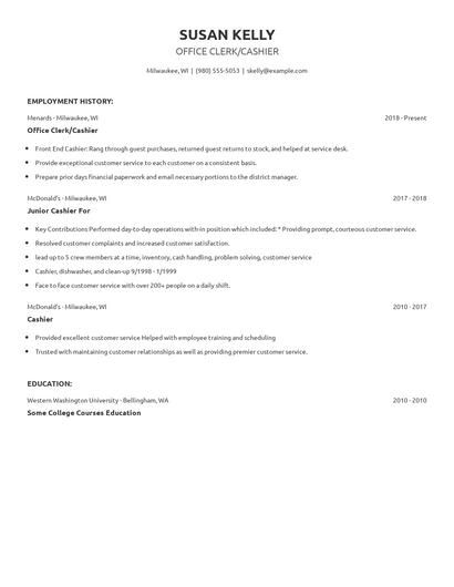 Office Clerk/Cashier Resume