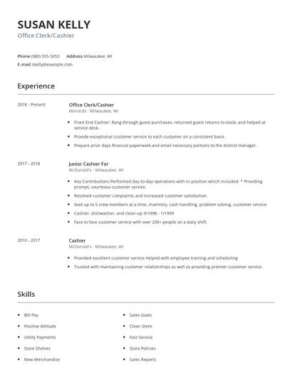 Office Clerk/Cashier Resume