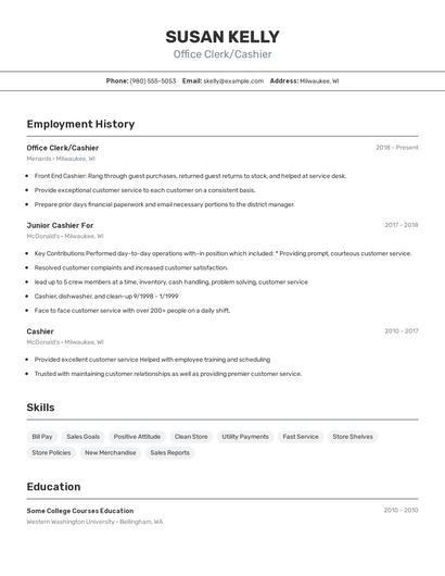 Office Clerk/Cashier Resume