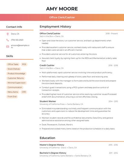 Office Clerk/Cashier Resume