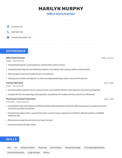 Office Clerk/Cashier Resume