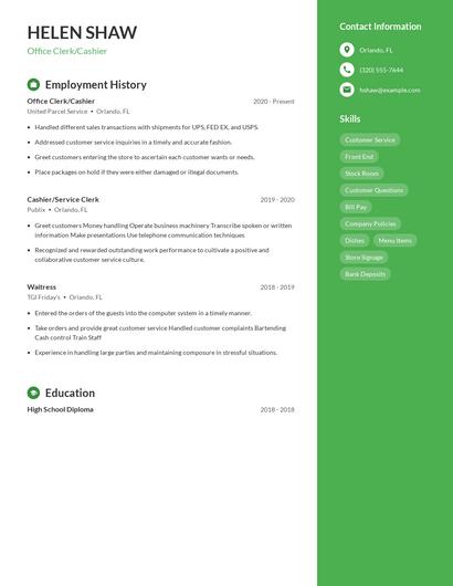 Office Clerk/Cashier Resume