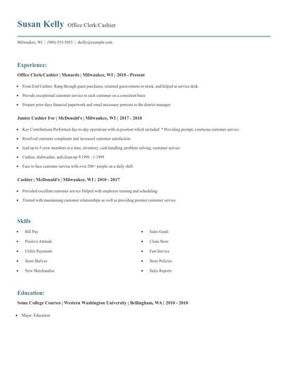 Office Clerk/Cashier Resume
