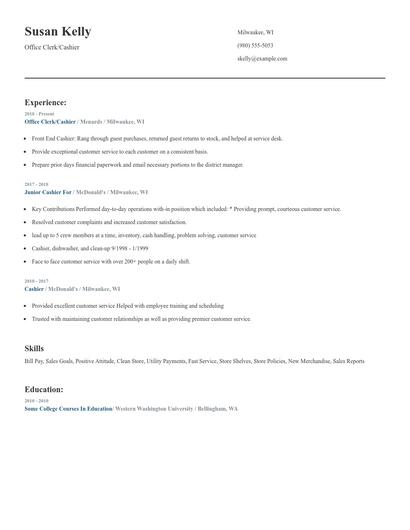 Office Clerk/Cashier Resume