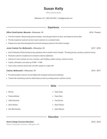 Office Clerk/Cashier Resume