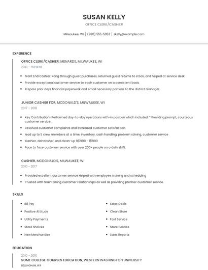 Office Clerk/Cashier Resume