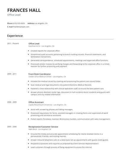 Office Lead Resume