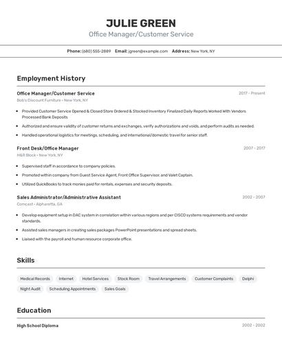 Office Manager/Customer Service Resume