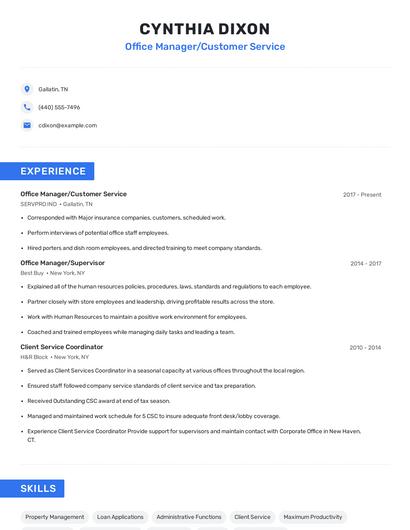 Office Manager/Customer Service Resume
