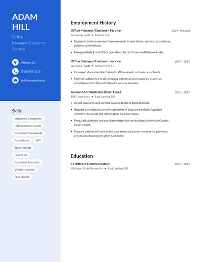 Office Manager/Customer Service Resume