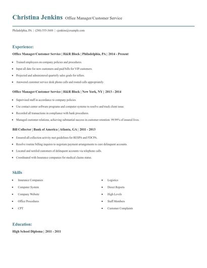 Office Manager/Customer Service Resume