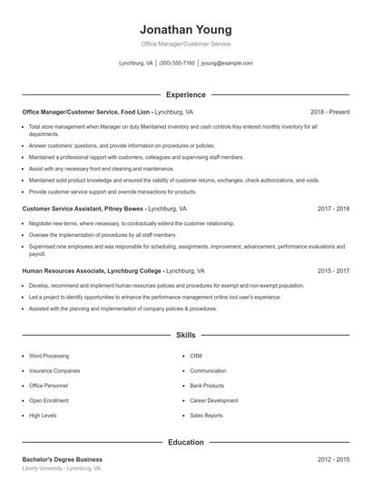 Office Manager/Customer Service Resume