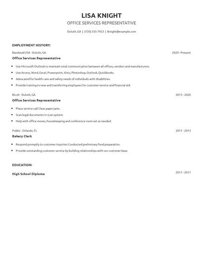 Office Services Representative Resume