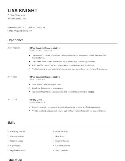 Office Services Representative Resume
