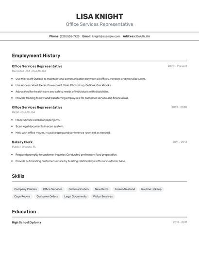 Office Services Representative Resume