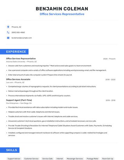 Office Services Representative Resume