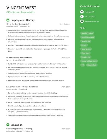 Office Services Representative Resume