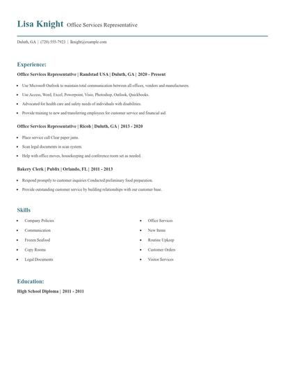 Office Services Representative Resume