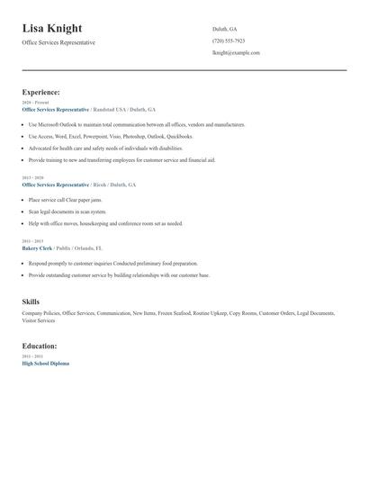 Office Services Representative Resume