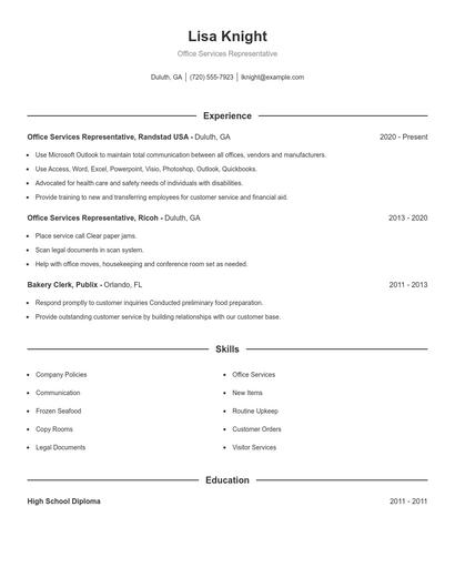 Office Services Representative Resume