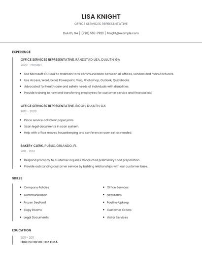 Office Services Representative Resume