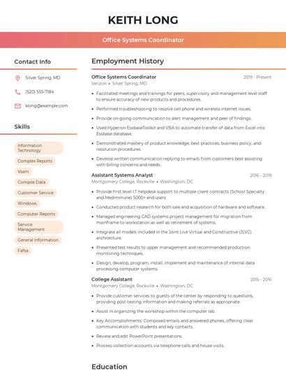 Office Systems Coordinator Resume