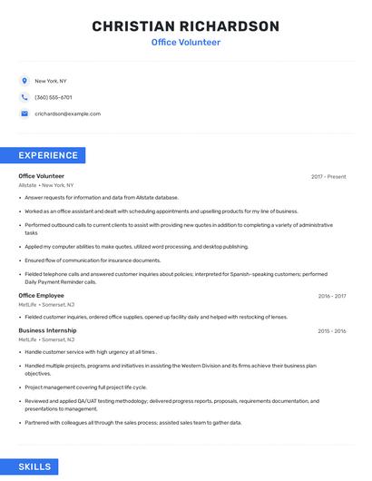 Office Volunteer Resume
