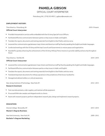 Official Court Interpreter Resume