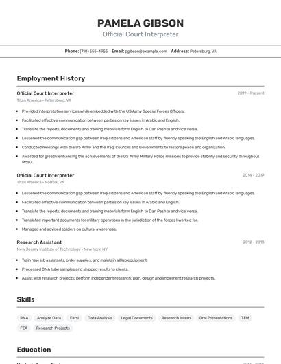 Official Court Interpreter Resume