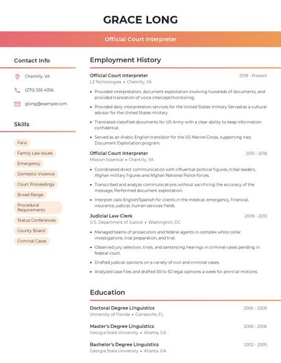 Official Court Interpreter Resume