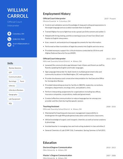 Official Court Interpreter Resume