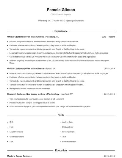 Official Court Interpreter Resume