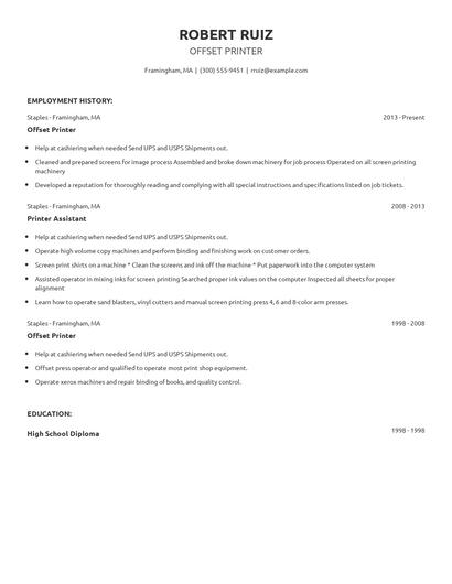 Offset Printer Resume