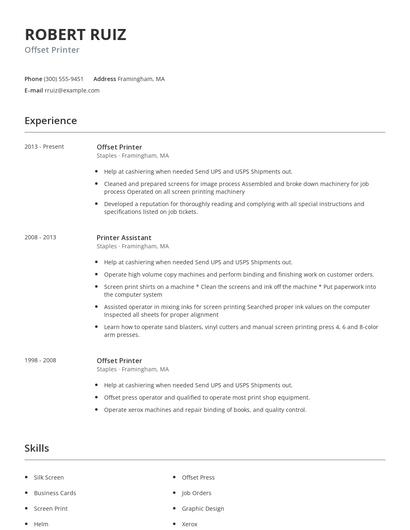 Offset Printer Resume