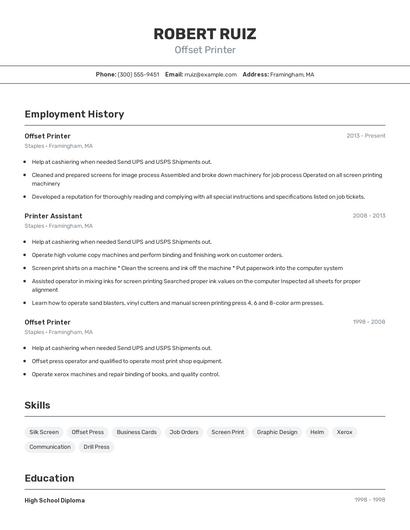 Offset Printer Resume