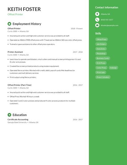 Offset Printer Resume