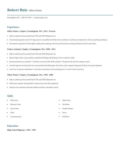 Offset Printer Resume