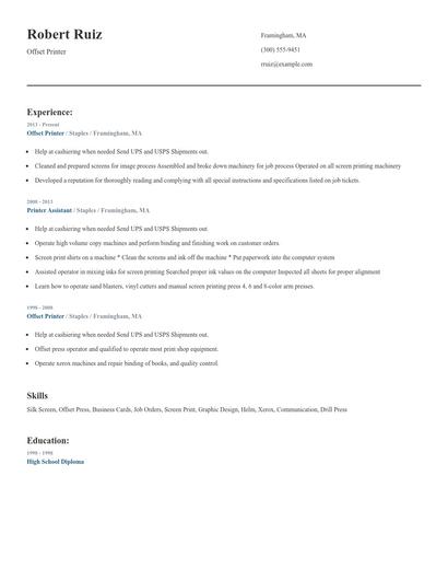 Offset Printer Resume
