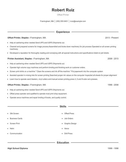 Offset Printer Resume