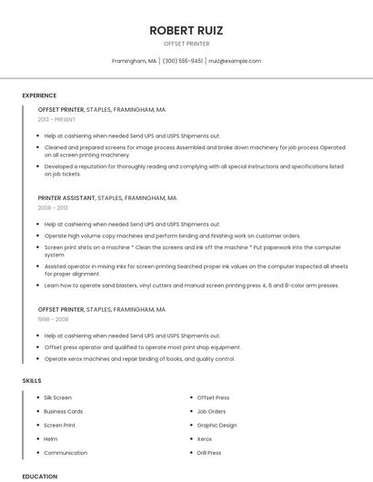 Offset Printer Resume