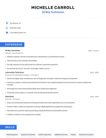 Oil Bay Technician Resume