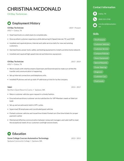 Oil Bay Technician Resume