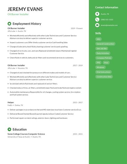 Oil Burner Installer Resume