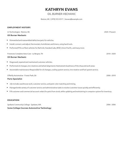Oil Burner Mechanic Resume