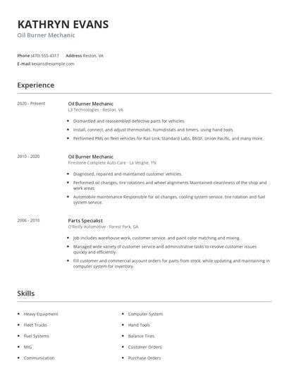 Oil Burner Mechanic Resume