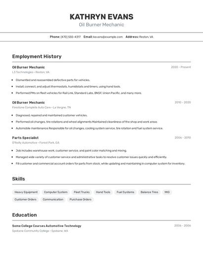Oil Burner Mechanic Resume