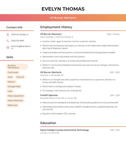 Oil Burner Mechanic Resume