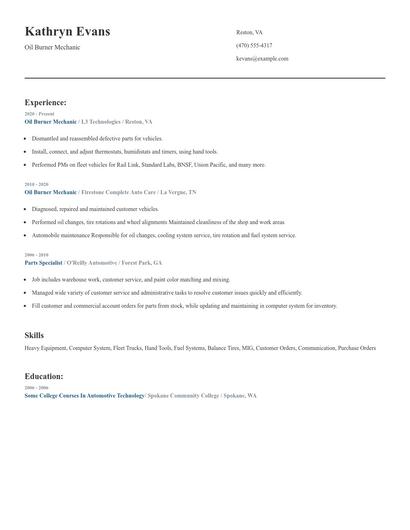 Oil Burner Mechanic Resume